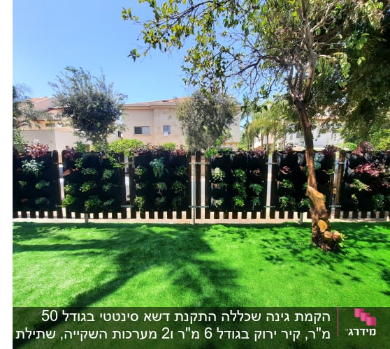 גינה עם דשא סינתטי וקיר צמחים אנכי
